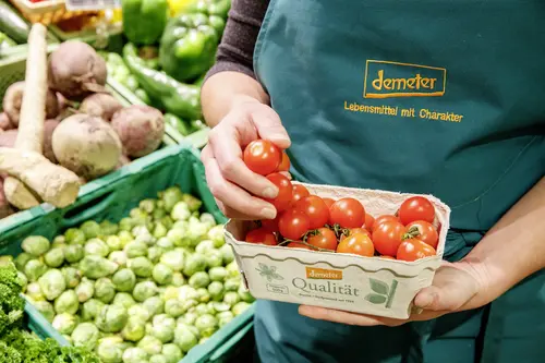 Frau im Supermarkt hält Tomaten